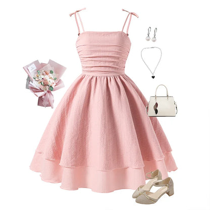 7-12 Years Teen Girls Dress Solid Color Sling Tiered Sleeveless Princess Dress For Kids Children Birthday Present Clothes