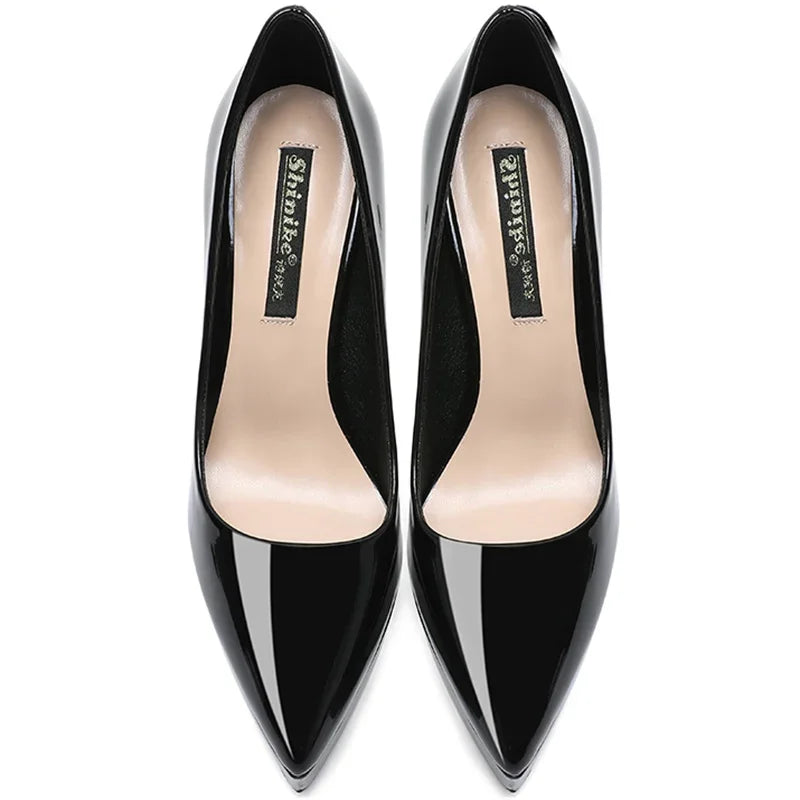 Women Pumps Brand 10CM 12CM Thin High Heels Black PU Slip On Pointed Toe Dress Office Career Party Wedding Waterproof Lady shoes