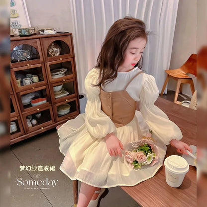 Spring Autumn Girls Dress Set Long Sleeve Children's Retro PU Leather Vest Dress Set Teenage Girls Clothing Suit 4 6 8  12Y