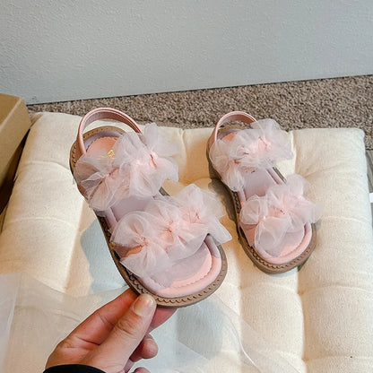 Girls' Sandals 2024 Summer New Fairy Style Princess Sandals with Mesh Bow Kids Versatile Fashion Sweet Beach Shoes for Vacation