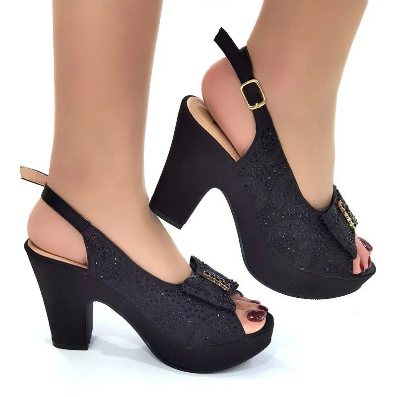 Designer Black Heels Women Sandals Summer 2022 Platform High Heel Fashion Floral Rhinestone Wedding Party Women Shoes