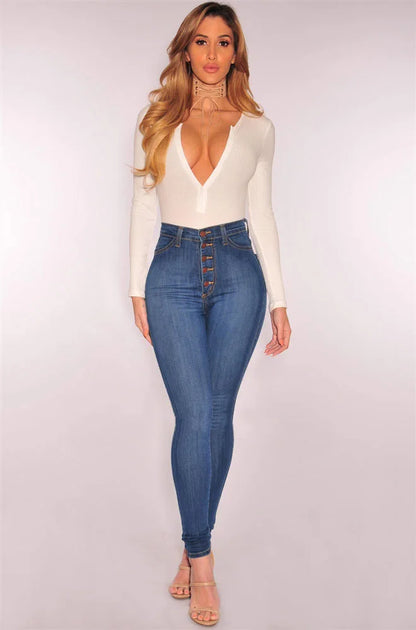 Women High Waist Elastic Slim Fit Skinny Jeans Lady Vintage Button Pencil Long Pants Narrow Straight Wrap Hips Casual Trousers