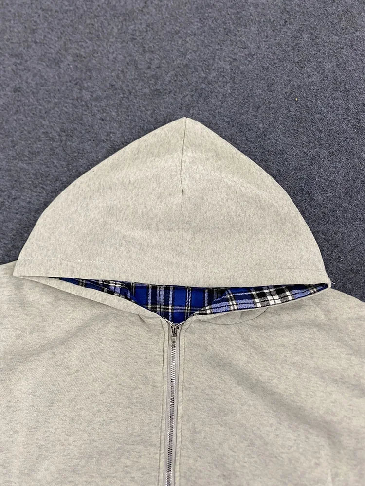 Winter Casual Plaid Print Hoodie Women's Warm Zip-Up Double-Sided Wear Sweatshirt Female Fashion Trendy Loose Hooded 2025 New