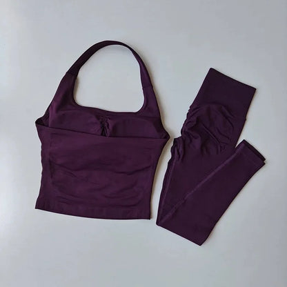 Fitness Set, Long Halter Neck Back-Shaping Leggings, High-Waisted Butt-Lifting Breathable Training Pants for Women