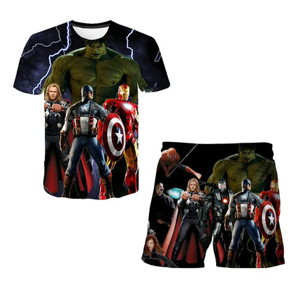 Kids Summer Tshirt Set Boys Spider-Man Trendy 2 Piece Hulk Iron Man Spiderman Outfit