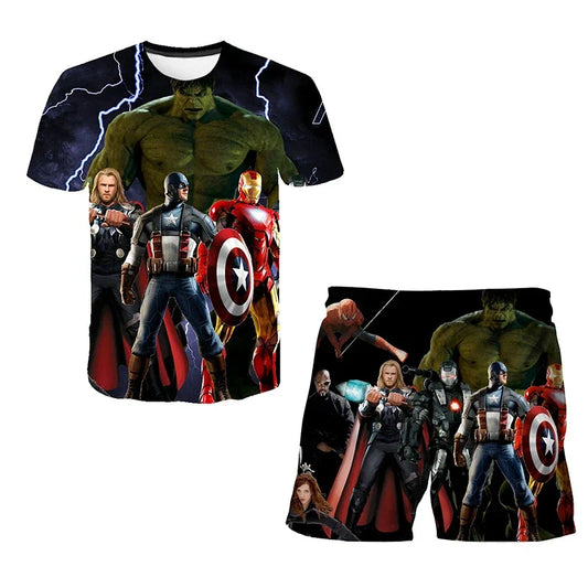 Kids Summer Tshirt Set Boys Spider-Man Trendy 2 Piece Hulk Iron Man Spiderman Outfit