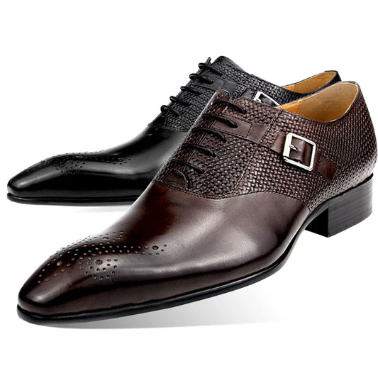 Mens Formal Genuine Leather Shoes Fashion Zapato Social Male Wedding Dress Loafer Weave Printing Lace-up Daily Brogue Shoes