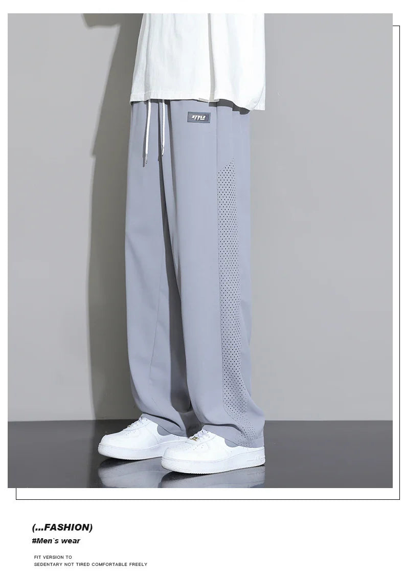 Men's Ice Silk Pants Summer Thin Style Drape Effect Loose Straight Casual Long Pants Trendy Brand Wide‑Leg Sports Pants for Boys