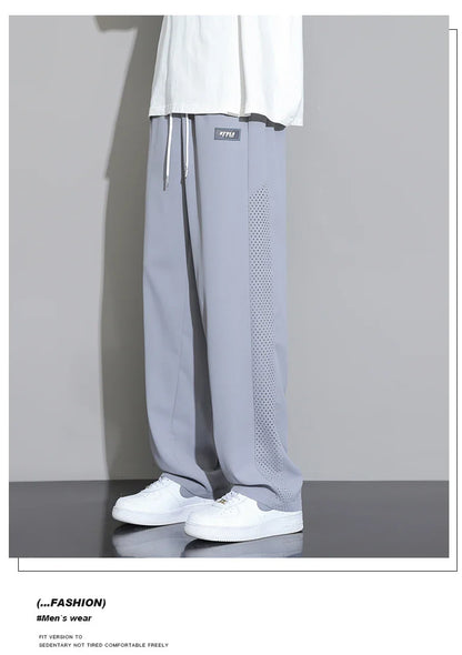 Men's Ice Silk Pants Summer Thin Style Drape Effect Loose Straight Casual Long Pants Trendy Brand Wide‑Leg Sports Pants for Boys