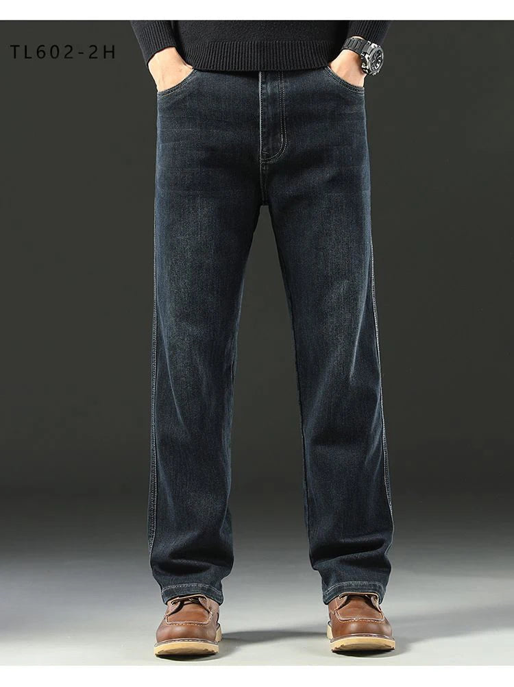 Men's Spring Autumn Soft Baggy Jeans Casual Straight Stretch Wide-Leg Business Denim Pants Versatile Comfortable Loose Trousers