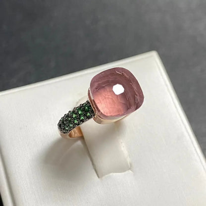 Emerald Ring for Women Green Zircon Inlay Rose Gold & Black Gun Plated 30 Colors Candy Crystal Style Jewelry Birthday Gift