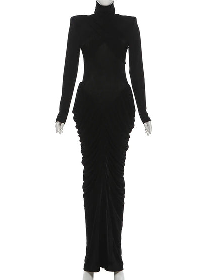 Autumn New Style Maxi Dress Women Turtleneck Full Sleeve Backless Skinny Stretch  Prom Party Ruched Elegant Vestidos