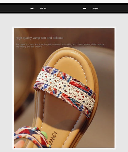 Ethnic Style Simple Children Roman Shoes 2024New Soft Breatheable Flats Open-toe Kids Shoes Non-slip Girls Sandals GLADIATOR