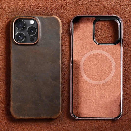 Magsafe Case for iPhone 15 16 17 Pro Max Air Retro Luxury Full Grain Cowhide Genuine Oiled PULL-UP Leather Magnetic Cover
