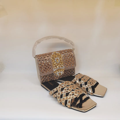 Pretty Soft Flat Shoes With Bag Set For Woman Fashion Style Rhinestone Party Slippers And Women Purse Latest Design