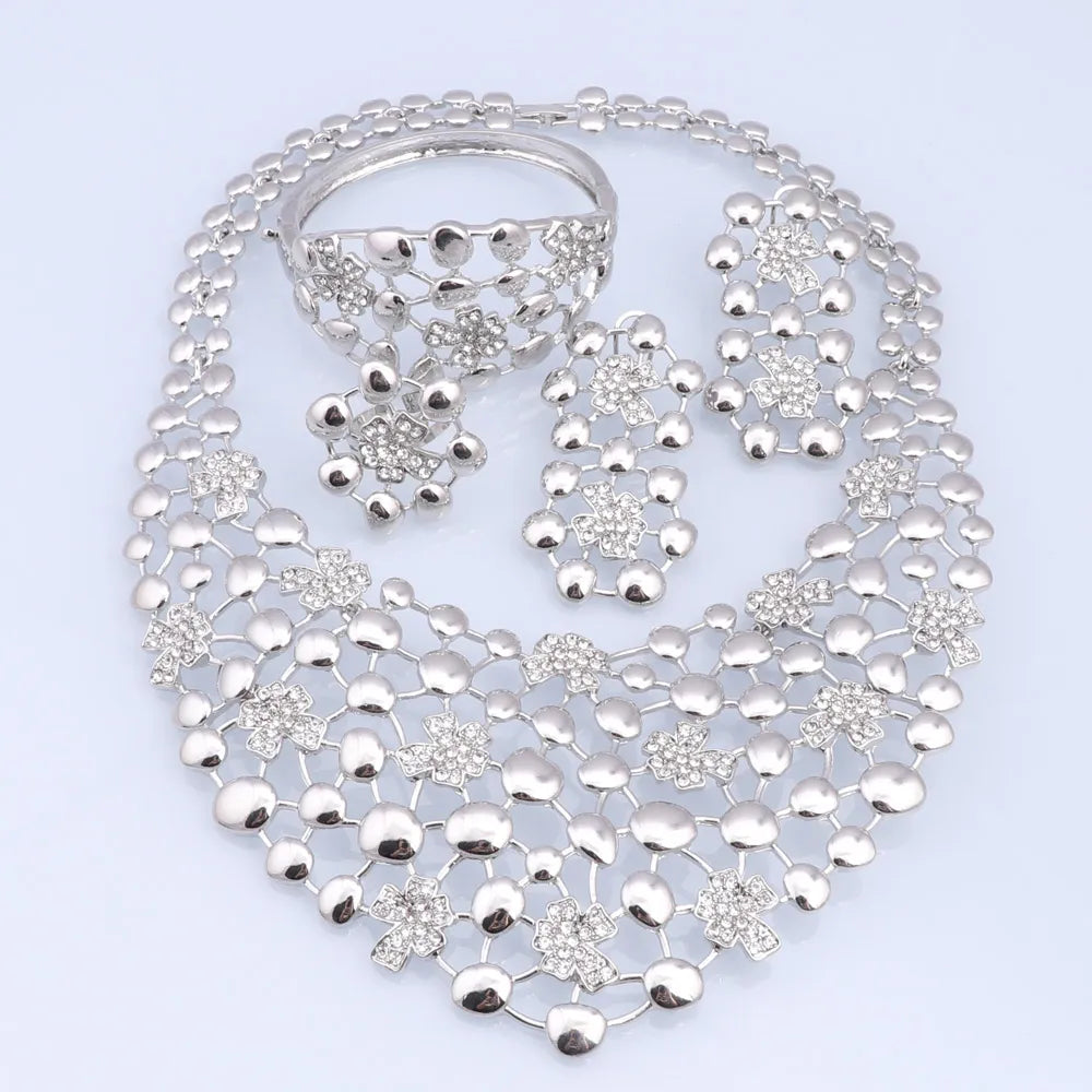 Elegant Jewelry Sets Dubai Silver Plated Jewelry Women Necklace Bracelet Earrings Ring Bride Wedding Party Accessories