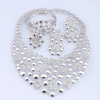 Elegant Jewelry Sets Dubai Silver Plated Jewelry Women Necklace Bracelet Earrings Ring Bride Wedding Party Accessories