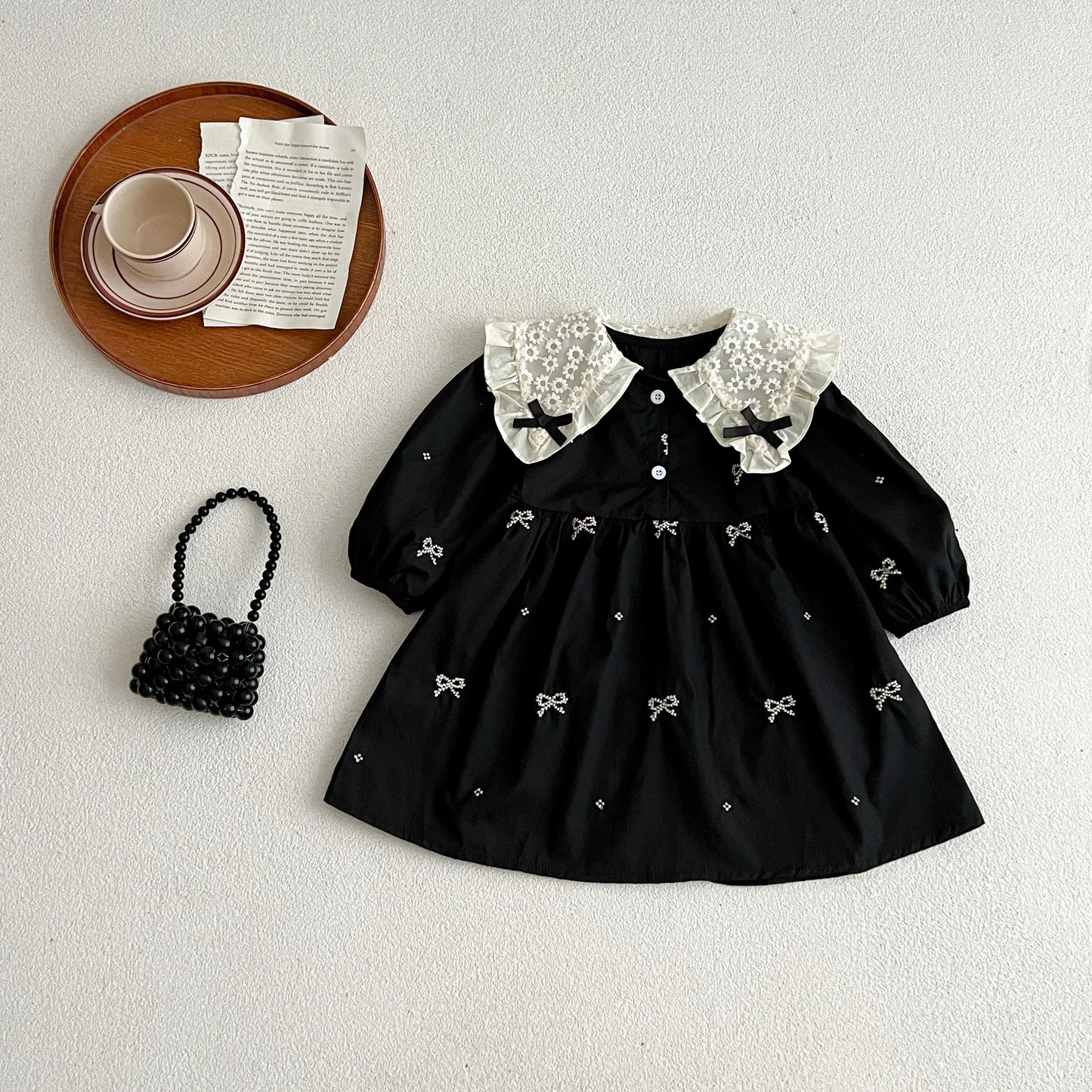 Outono 0-6 anos Vestido de Princesa para Meninas Roupas de Bebê Menina Gola Borboleta Roupas de Bebê Menina Peça Única Vestido Infantil Bordado