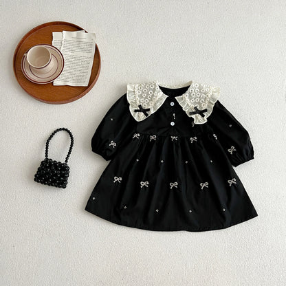 Outono 0-6 anos Vestido de Princesa para Meninas Roupas de Bebê Menina Gola Borboleta Roupas de Bebê Menina Peça Única Vestido Infantil Bordado