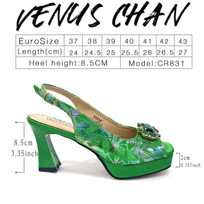 Elegant Women Heels for Peep Toe Good Material Design Rhinestone Fuchsia Sandals Italian Shoes and Bags Matching Set 2025