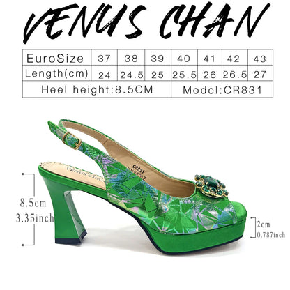 Elegant Women Heels for Peep Toe Good Material Design Rhinestone Fuchsia Sandals Italian Shoes and Bags Matching Set 2025