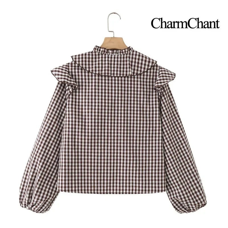 Women's Cotton Gingham Cropped Ruffle Tie Neck Blouse Spring Autumn 2026 Chic Modern Long Sleeve Shirt Tops for Woman