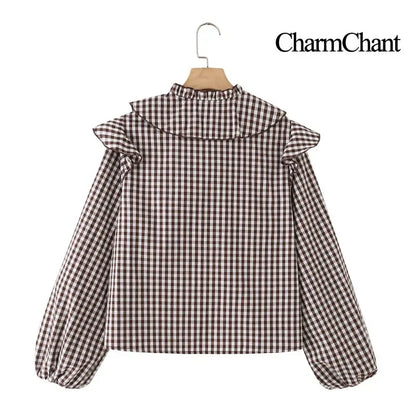 Women's Cotton Gingham Cropped Ruffle Tie Neck Blouse Spring Autumn 2026 Chic Modern Long Sleeve Shirt Tops for Woman