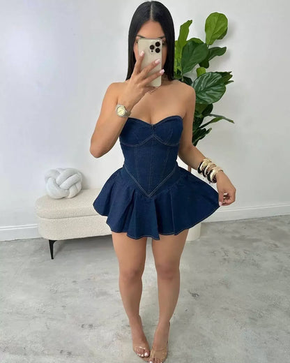 Chest Wrap Sexy Dress Women Sleeveless Backless Split Splicing Tight Denim Mini Dress Thin Sexy Y2K A-word Denim Dress