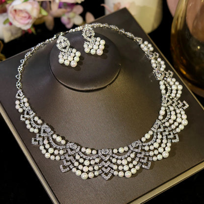 Luxury Crystal Zircon Circular Shape golden Pearl Necklace Women Dubai Bridal Wedding Birthday Party Indian Jewelry Set Gift