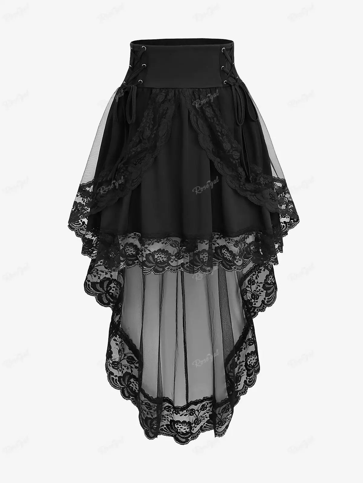 Plus Size Asymmetric A Line Skirt Black Patchwork Floral Lace Overlay Lace-up Ruched Peplum Hem High Low Skirts