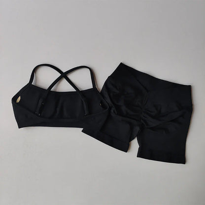 New Women's Seamless Workout Sets Thin Strap Back Sports Bra & 3-Inch Shorts, Quick Dry Gym Yoga Outfits