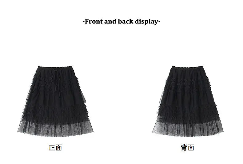 Korean Style Lace Elastic Waist Cake Skirt Mesh Puffy Skirt Women's Dress Knee Length Casual A-Line Skirt Micro Stretch No Slit