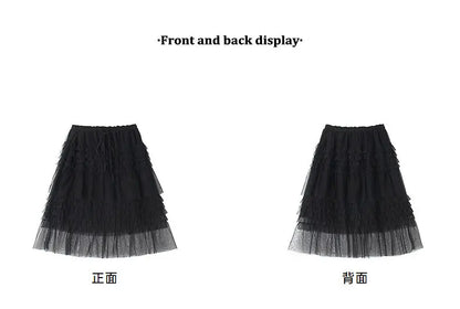 Korean Style Lace Elastic Waist Cake Skirt Mesh Puffy Skirt Women's Dress Knee Length Casual A-Line Skirt Micro Stretch No Slit