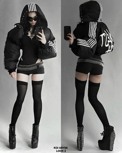 Unisex Harajuku street zip jacket, striped cotton-padded warm coat, goth hip hop style, S–XXL
