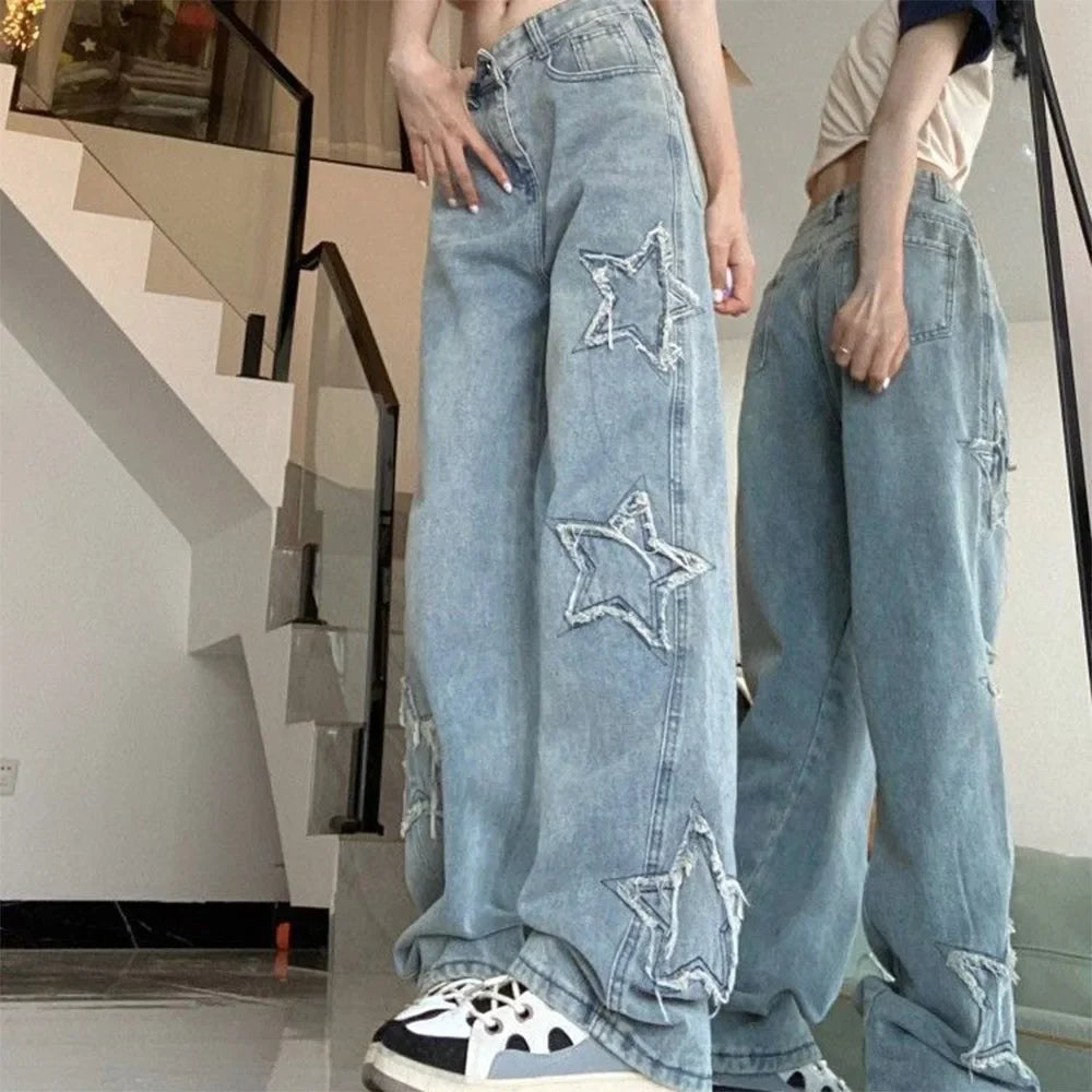High Street Jeans Design Embroidery High Waist Thin Wide Leg Trousers