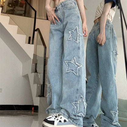High Street Jeans Design Embroidery High Waist Thin Wide Leg Trousers