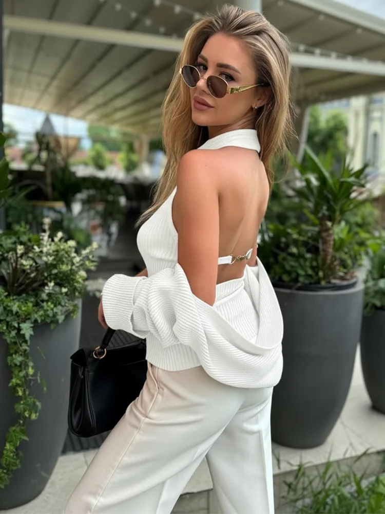 Trendix Hollow Out Sweater Sets For Women 2025 Fall New Long Sleeve Knitwear Shawl Suits Sexy Backless Knit Tank Top 2 Piece Set