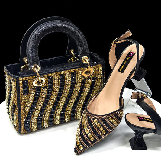 Italian Design Rhinestone-encrusted Ladies Party Women Shoes And Bag Nigeria Gold Mini Bag Women High Heels