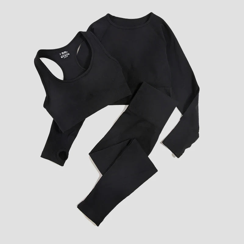 2/3Pcs Women Seamless Fitness Yoga Suit Workout Long Sleeve Crop Top Shirt Sports Bra High Waist Running Leggings Gym Clothing