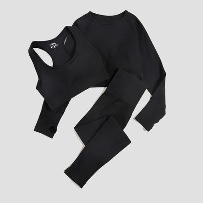 2/3Pcs Women Seamless Fitness Yoga Suit Workout Long Sleeve Crop Top Shirt Sports Bra High Waist Running Leggings Gym Clothing