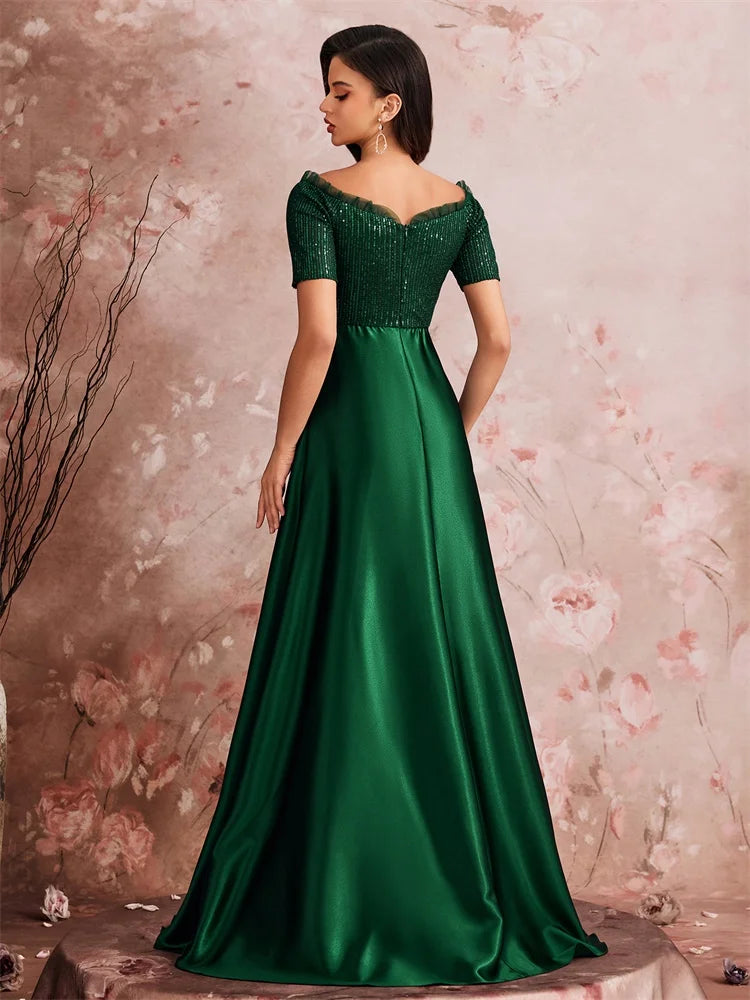 Luxury Green Sequins Off-shoulder Evening Dress 2025 Women Satin Wedding Party Prom Floor Lenght Cocktail Graduation Gown