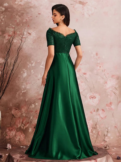 Luxury Green Sequins Off-shoulder Evening Dress 2025 Women Satin Wedding Party Prom Floor Lenght Cocktail Graduation Gown