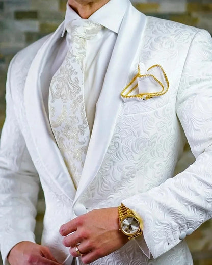 Men's White Floral Printed Two-Piece Suit Jacket Pants Groomsmen Men's Wedding Party Cocktail Party Formal Groom Tuxedos