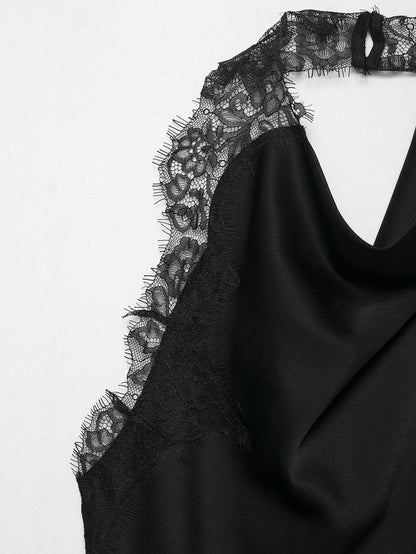 2026 Spring Women Backless Sexy Lace Splicing Halter Neck Top Summer Female Off Shoulder Asymmetrical Satin Camisole