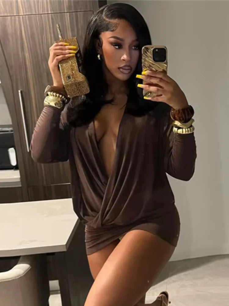 Cross Deep V-Neck Dress Women Full Sleeve Stretch Solid Midnight Street Clubwear Party Autumn Trend Elegant Mini Bodycon
