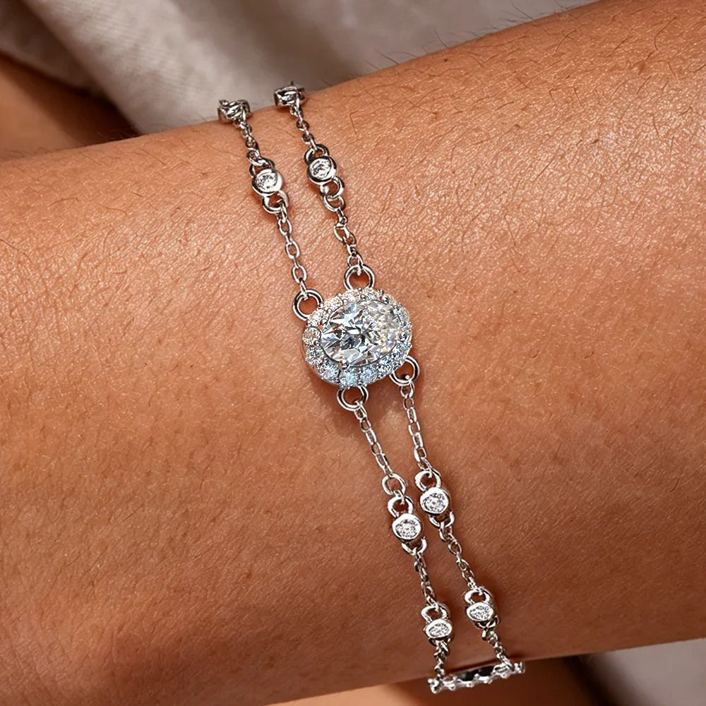 1carat Oval Cut Full Moissanite Diamond Charm Bracelet with Round Bubble S925 Silver Wrist Chain for Women Luxury Jewelry Gift