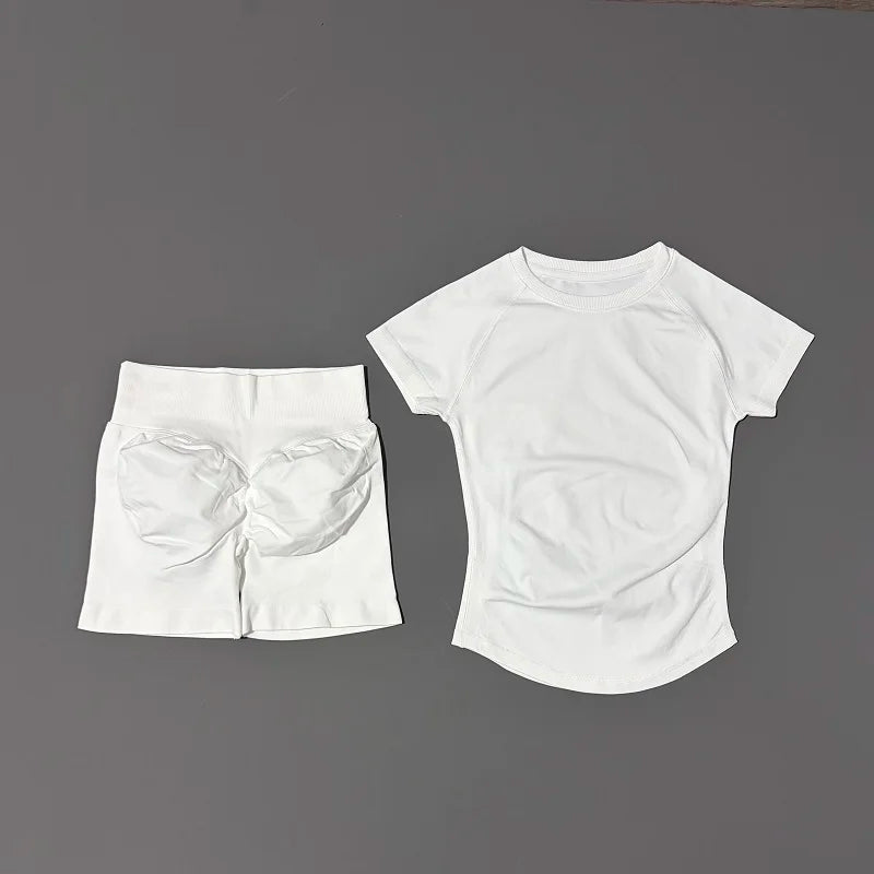 2 Piece Gym Sets Women Seamless Short Sleeve Top Butt Lifting Shorts Workout Fitness Running Sports Yoga Tracksuit