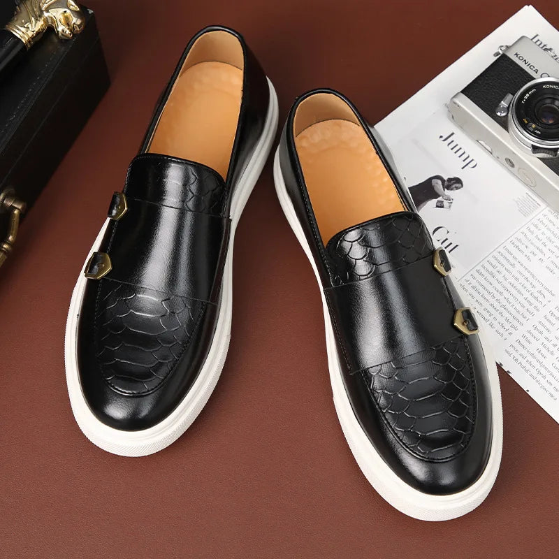 Fashion Men's Casual Shoes Snakeskin Grain Leather Men Retro British Style Loafers Monk Shoes Mens Slip-on Outdoor Driving Flats
