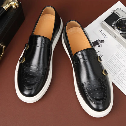 Fashion Men's Casual Shoes Snakeskin Grain Leather Men Retro British Style Loafers Monk Shoes Mens Slip-on Outdoor Driving Flats