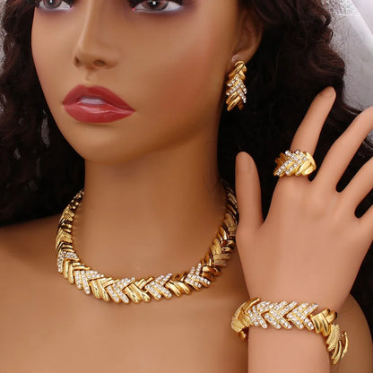 Fashion Crystal Jewelry Set Luxury Gold Plated Necklace Bracelet Wheat Ear Earring Ring Nigeria Wedding Gift 2025 New